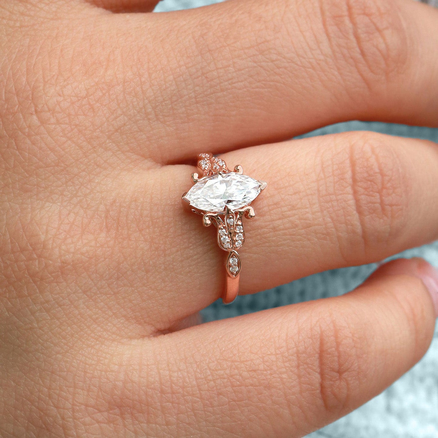 Unique floral engagement rings Marquise Moissanite Leafy Engagement Ring