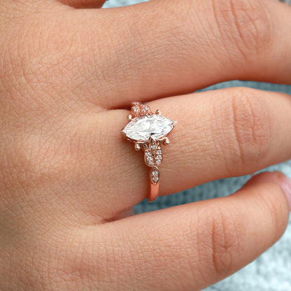 Unique floral engagement rings Marquise Moissanite Leafy Engagement Ring