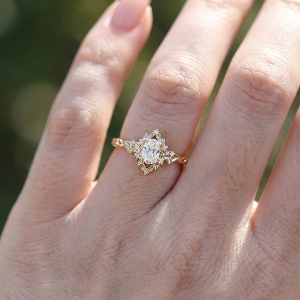 Unique Briar Rose Halo Oval Oval Moissanite Ring