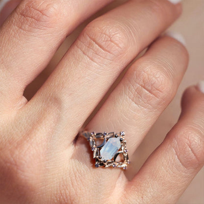 Unique Briar Moon Long Hexagon Lab Moonstone Promise Ring For Women