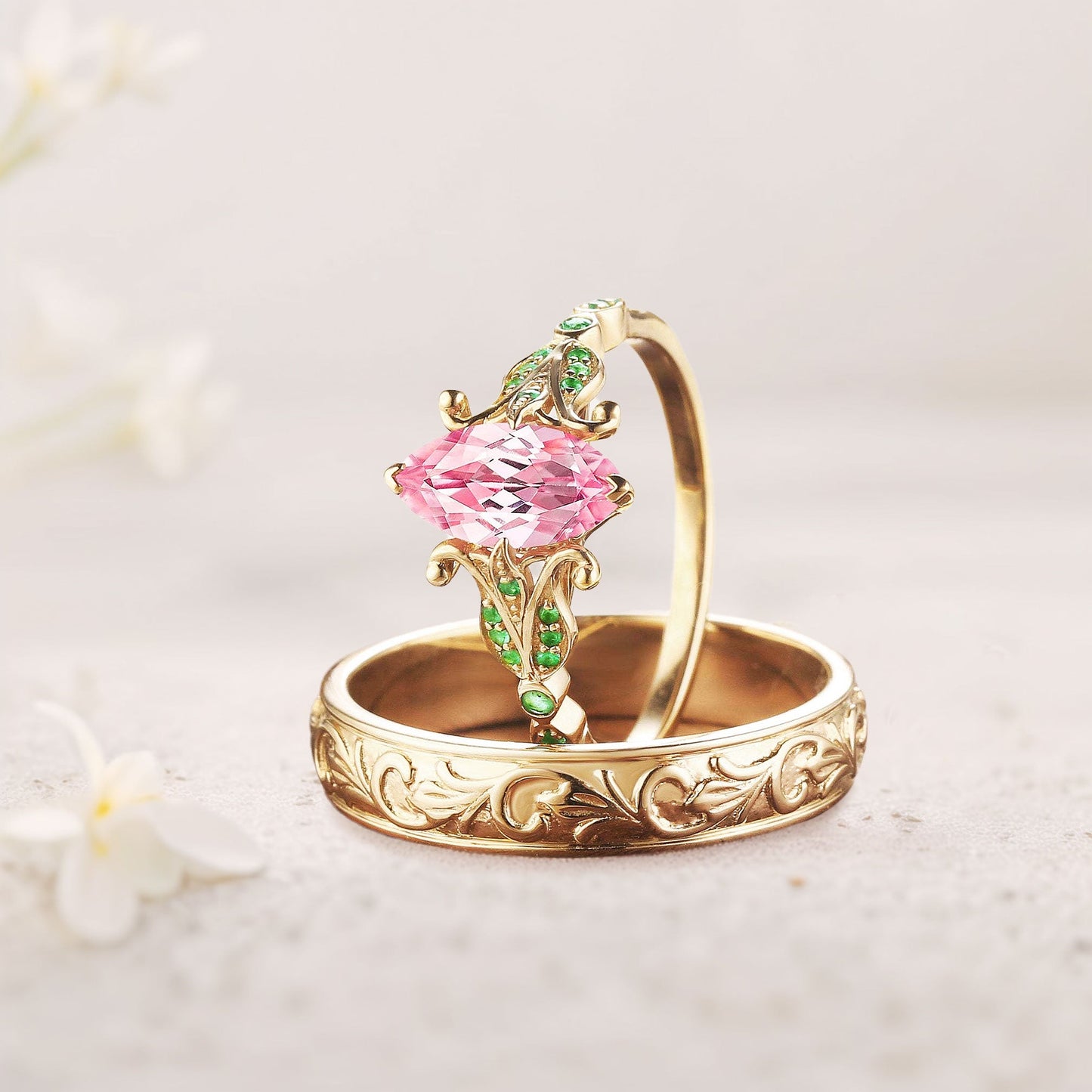 Vintage Marquise Lab Padparadscha Couple Promise Engagement Ring Set