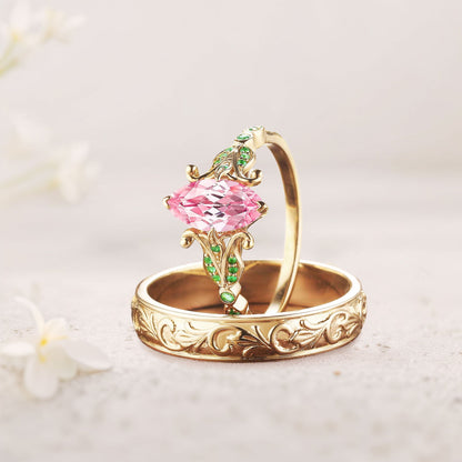 Vintage Marquise Lab Padparadscha Couple Promise Engagement Ring Set