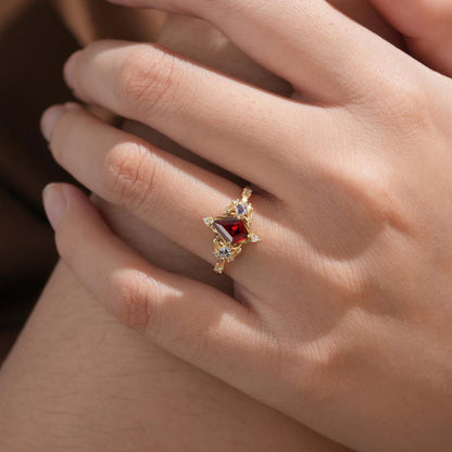 Unique Kite Three Stone Ruby Leaf Ring