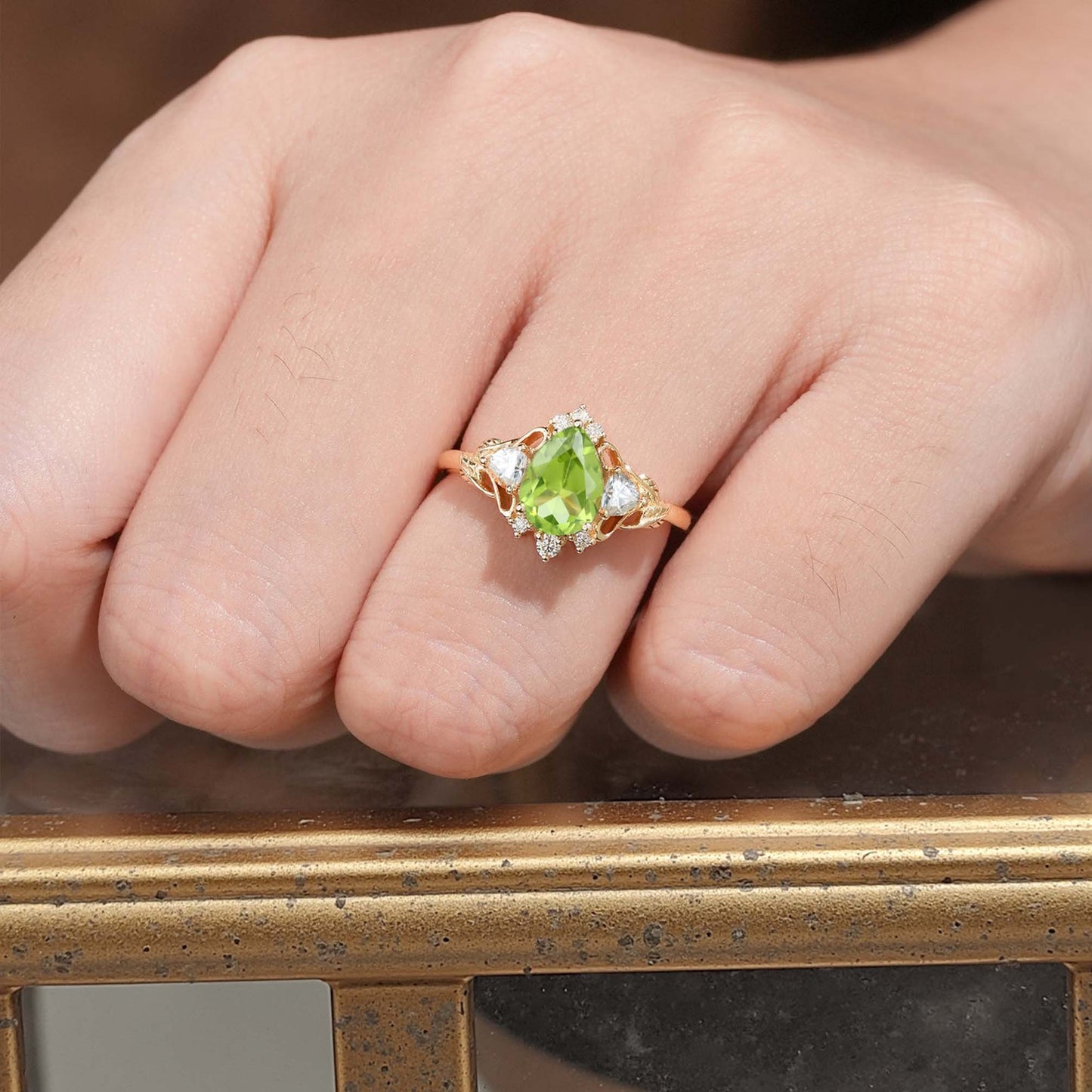 Unique Pear Peridot and Moissanite side stones Leaf Ring Engagement Ring