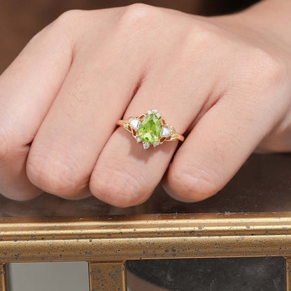 Unique Pear Peridot and Moissanite side stones Leaf Ring Engagement Ring