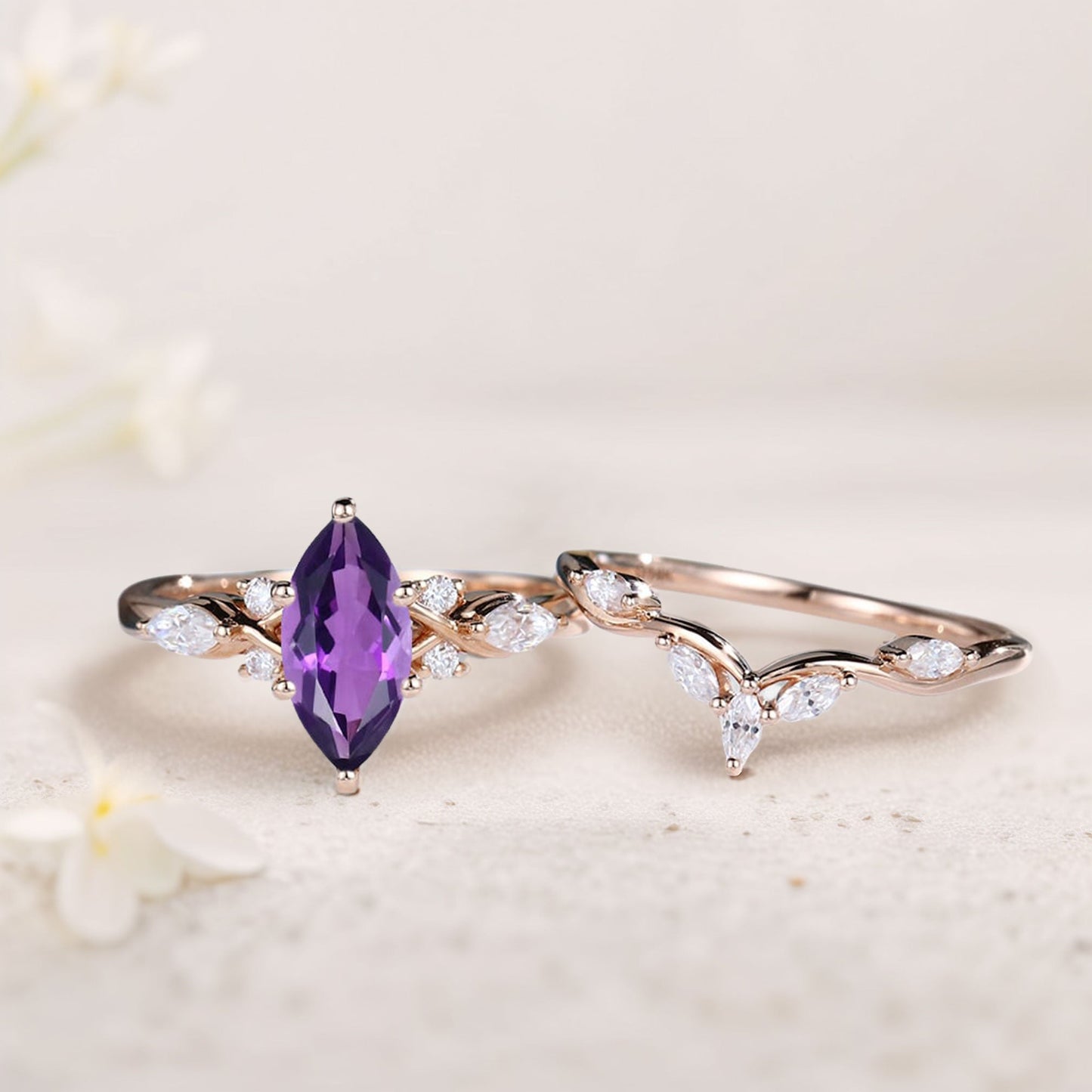 Unique Marquise Amethyst and Moissanite Wedding Ring Set Bridal Ring Set