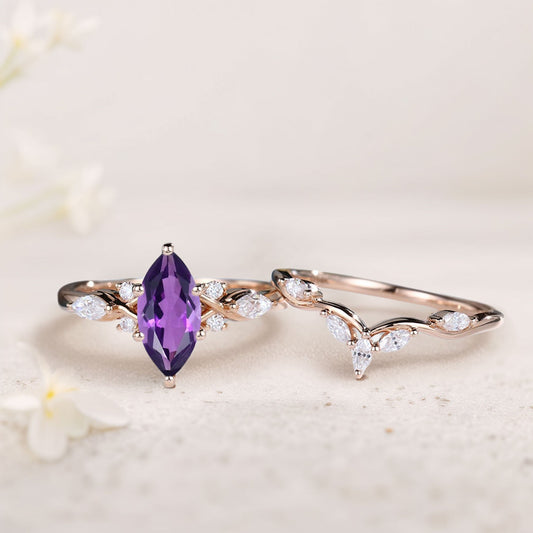 Unique Marquise Amethyst and Moissanite Wedding Ring Set Bridal Ring Set
