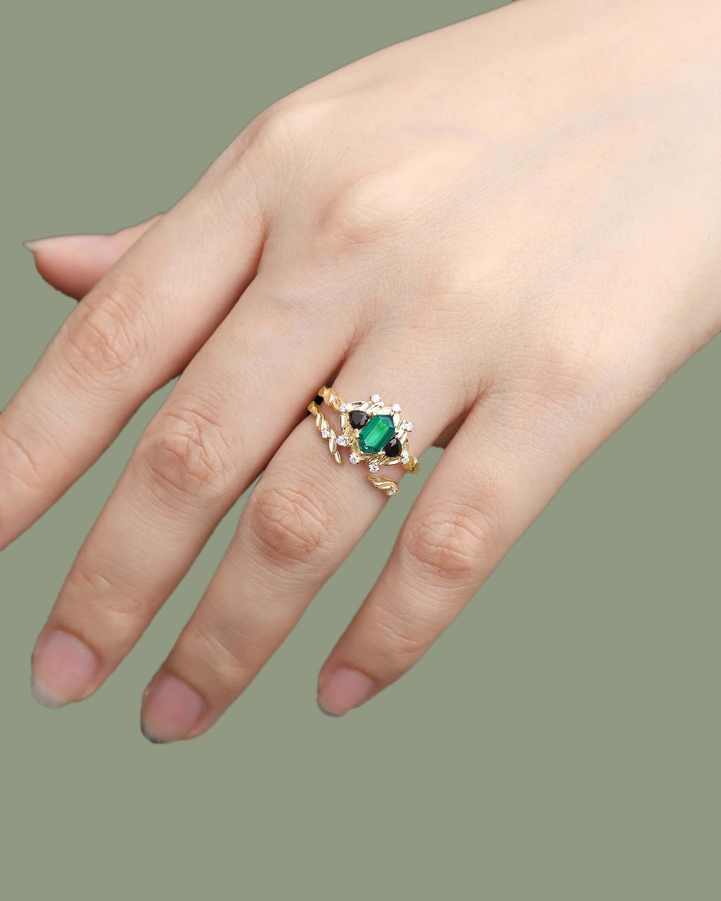 Unique Long Hexagon Lab Emerald Leaf Engagement Ring Wedding Ring Set