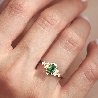 Vintage Fantasy Inspired Emerald Cut Green Lab Sapphire Engagement Ring