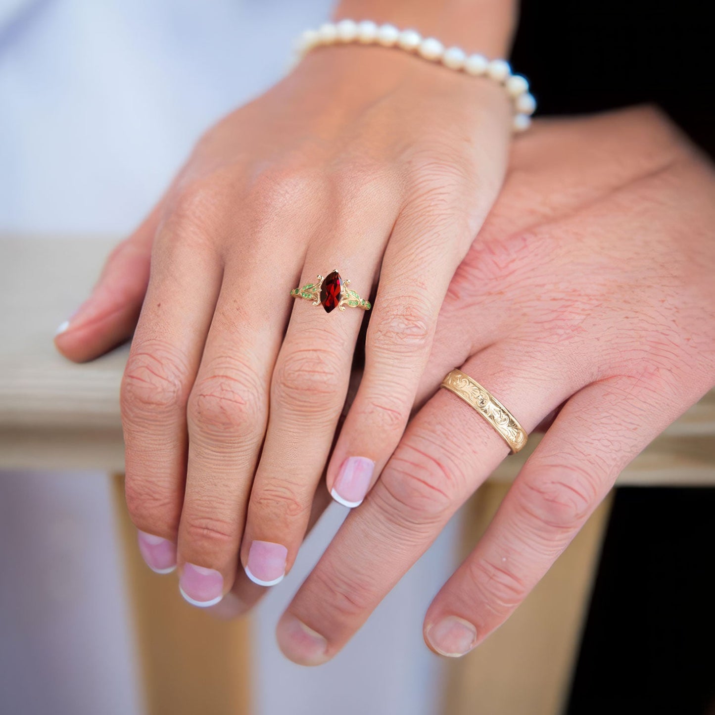 Unique Marquise Garnet Eternity Wedding Band Set Couple Rings Set