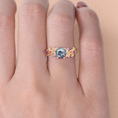 Unique floral engagement rings Hexagon Lab Alexandrite Leafy Engagement Ring