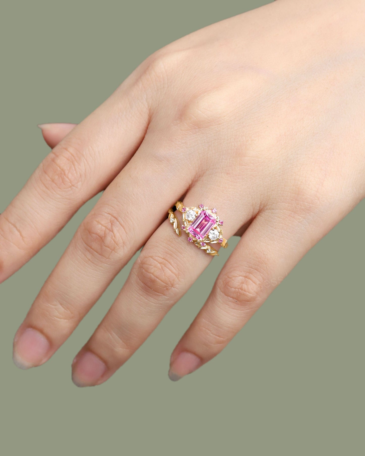 Unique Emerald Cut Lab Padparadscha Floral Engagement Ring Set