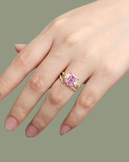 Unique Emerald Cut Lab Padparadscha Floral Engagement Ring Set