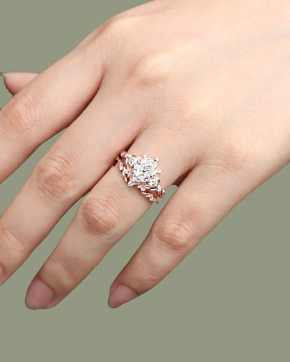 Unique floral engagement rings Kite Moissanite Engagement Ring Set Flower Bridal Set Leaf Wedding Ring