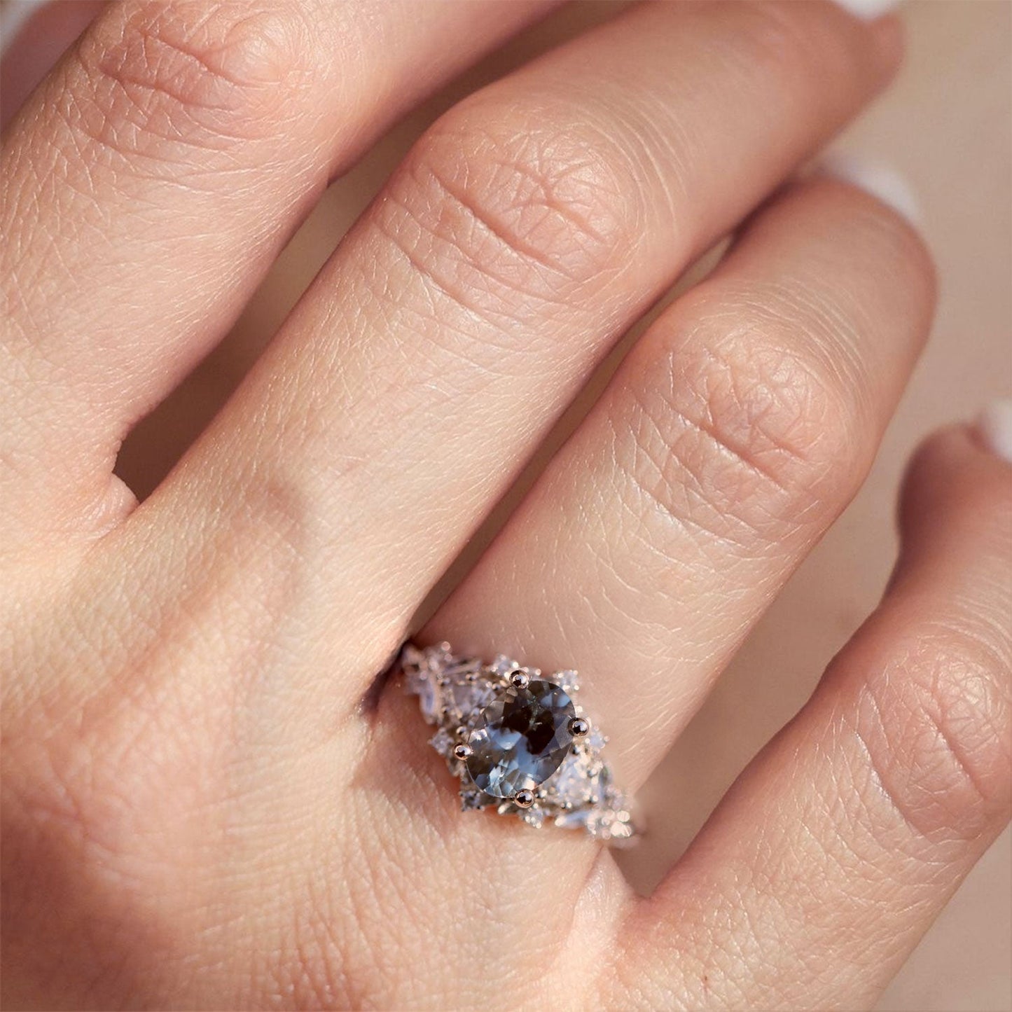 Unique Briar Rose Three Stone Oval grey spinel and Moissanite Ring