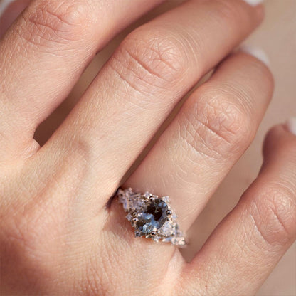 Unique Briar Rose Three Stone Oval grey spinel and Moissanite Ring