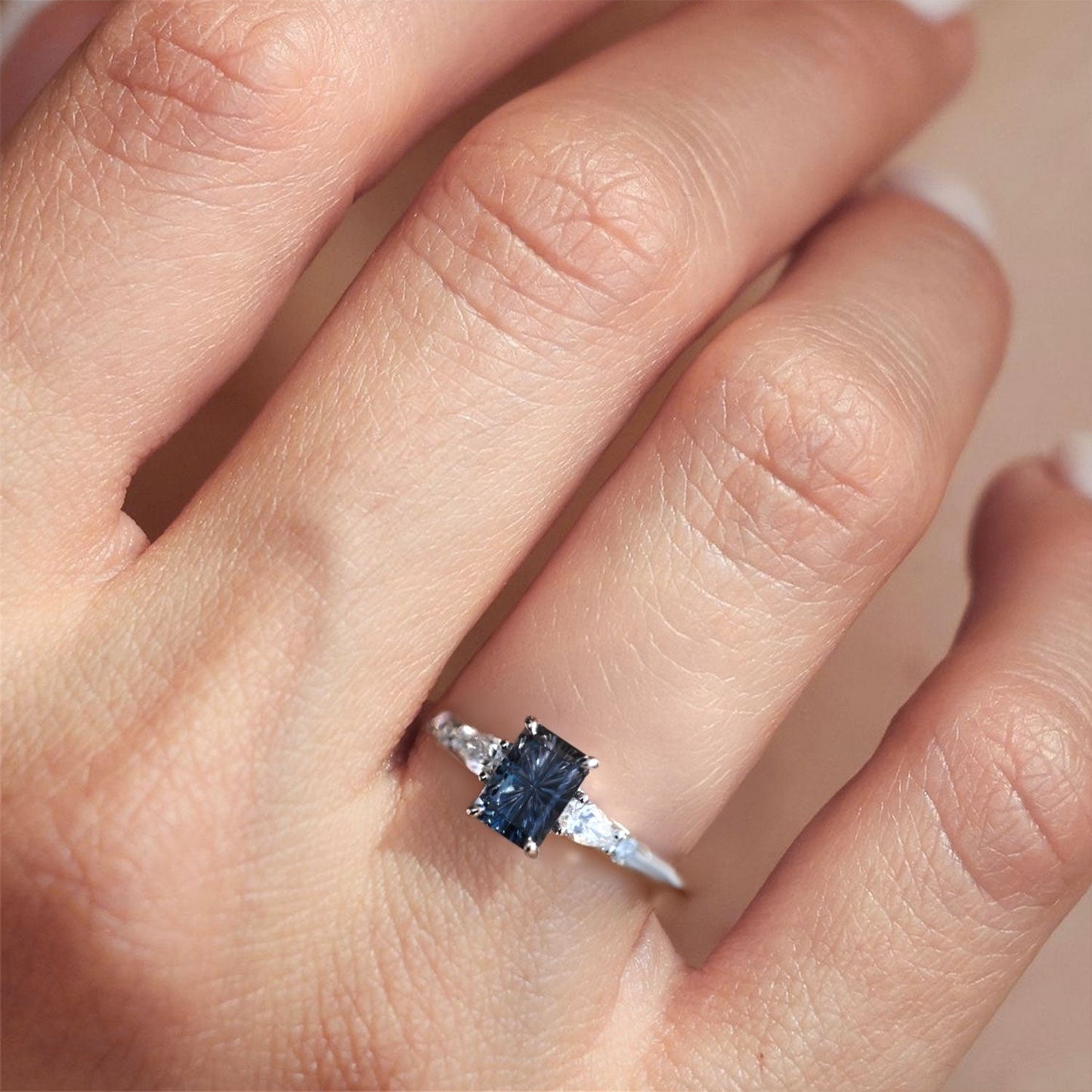 Unique Five Stone Emerald cut Lab Sapphire Ring