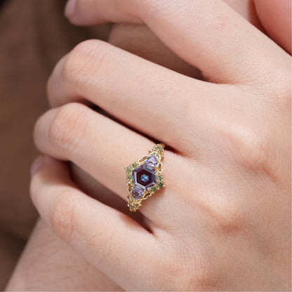 Unique floral engagement rings Three Stone Hexagon Lab Alexandrite and Blue sapphire Leaf Ring