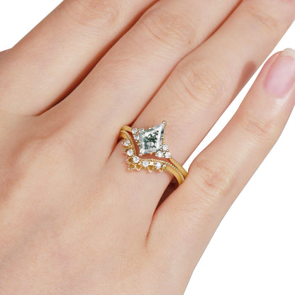 Vintage Floral Signature Kite Moss Agate Engagement Ring Set