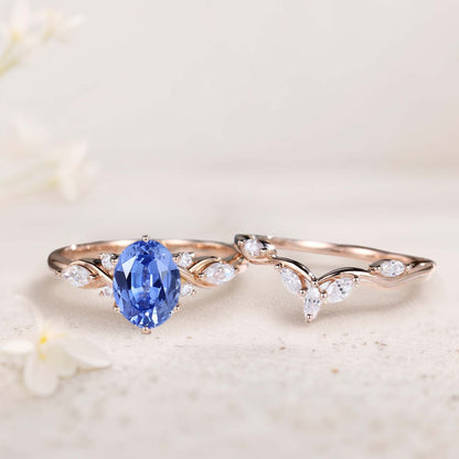 Vintage Oval Lab Sapphire and Moissanite Curved Wedding Ring Set Bridal Ring Set