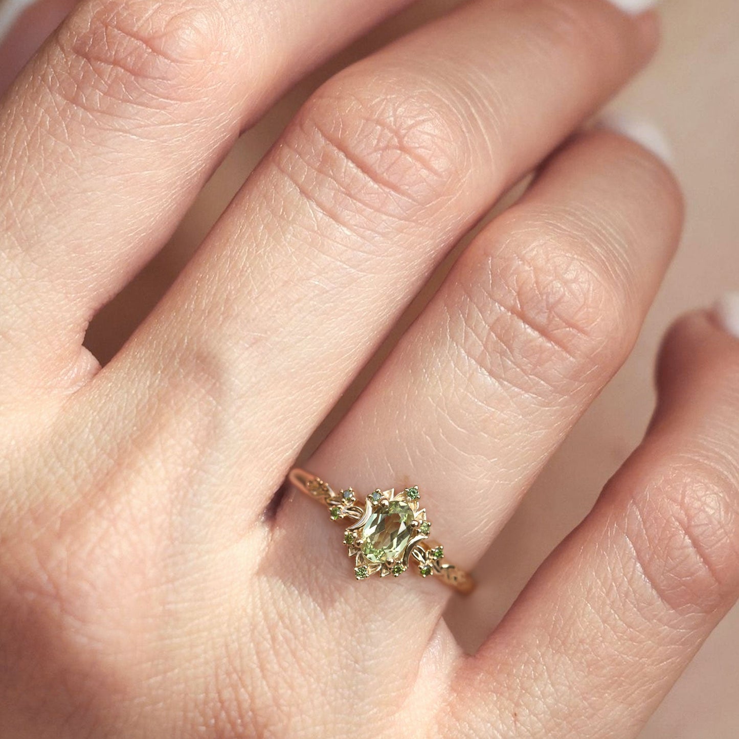 Unique Briar Rose Halo Moon Oval Green Lab Sapphire Ring