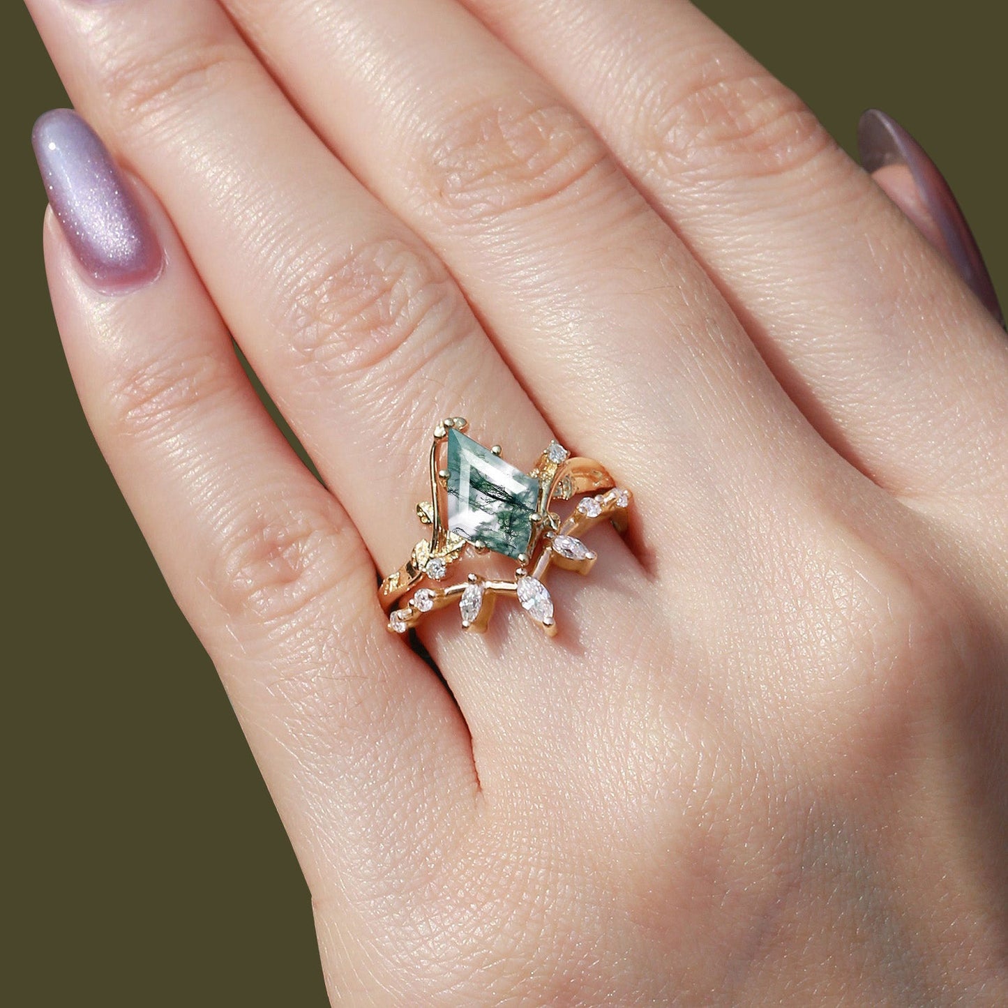 Unique floral engagement rings Kite Moss Agate Engagement Ring Set with Leafy Accents
