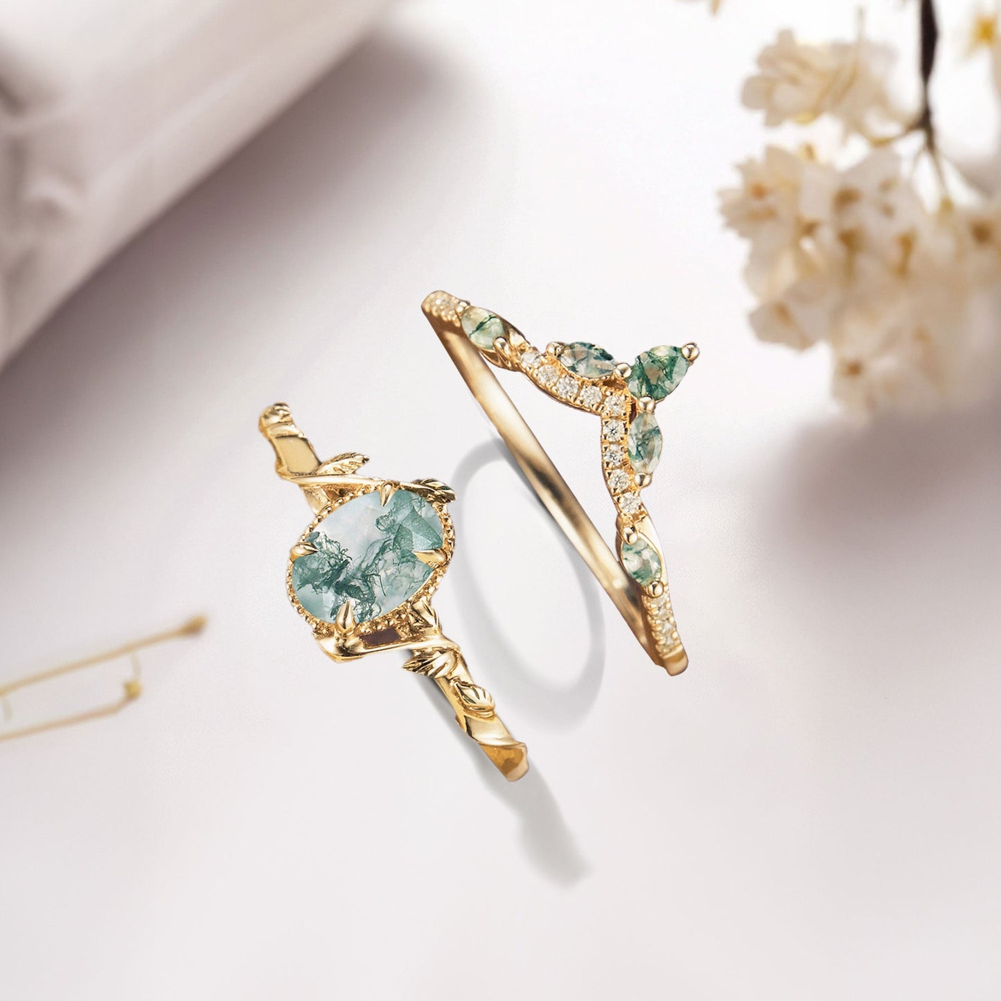 Unique Oval Moss Agate Twig Wedding Ring Set Bridal Ring Set