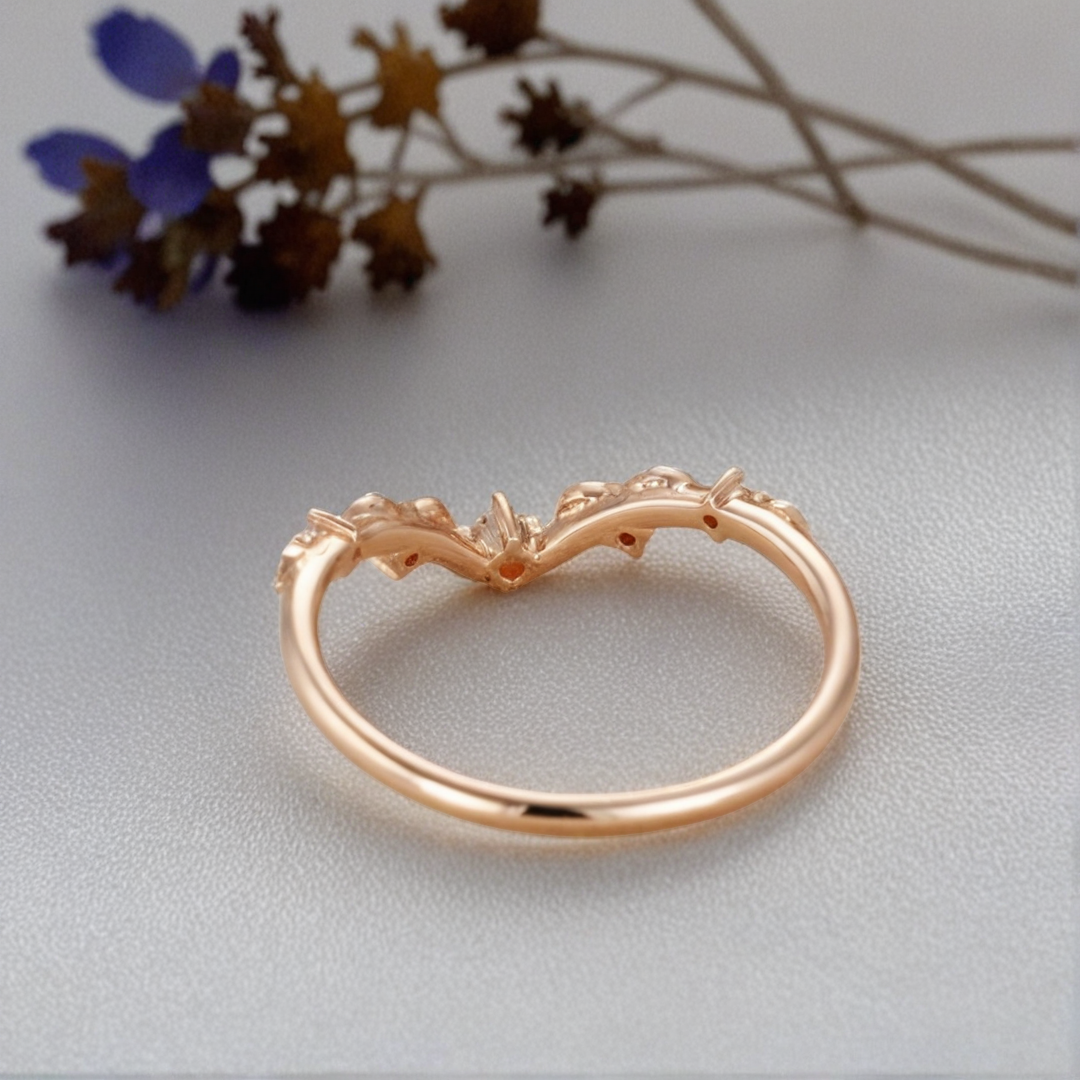 Unique Round Moissanite Wedding Band Art-deco Leaf Moissanite Engagement Ring