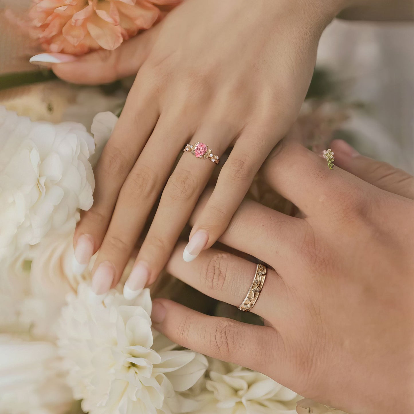 Vintage Pear Lab Padparadscha Engagement Couples Ring Set For Wedding Gift