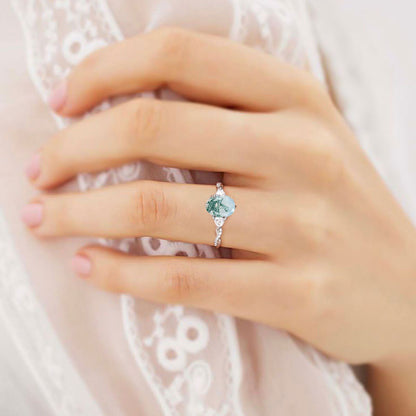 Unique Three Stone Oval Moss Agate Ring  Engagement Ring