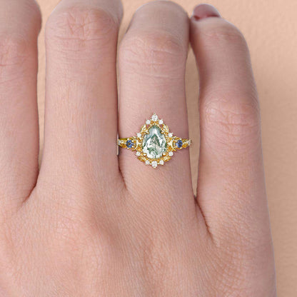 Unique floral engagement rings Moonlight Pear Moss Agate Engagement Ring