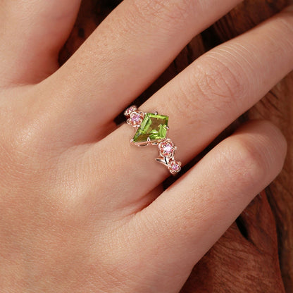 Unique Kite Peridot Blossom Engagement Ring Charming Flora Bridal Ring