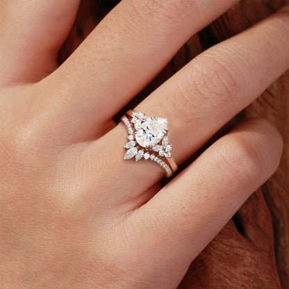 Unique Cluster Pear Moissanite Chevron Wedding Ring Set