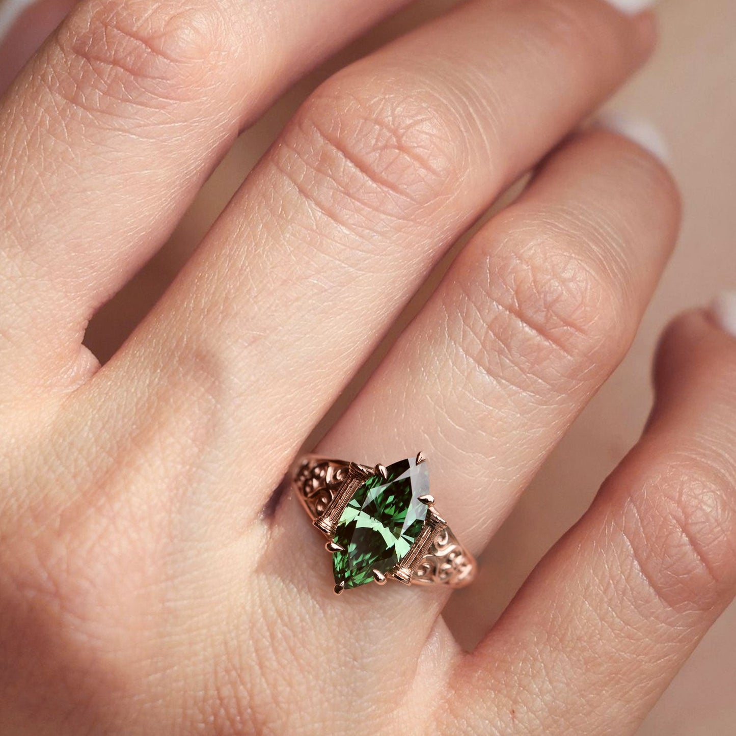 Unique Marquise Lab Emerald Engagement Ring