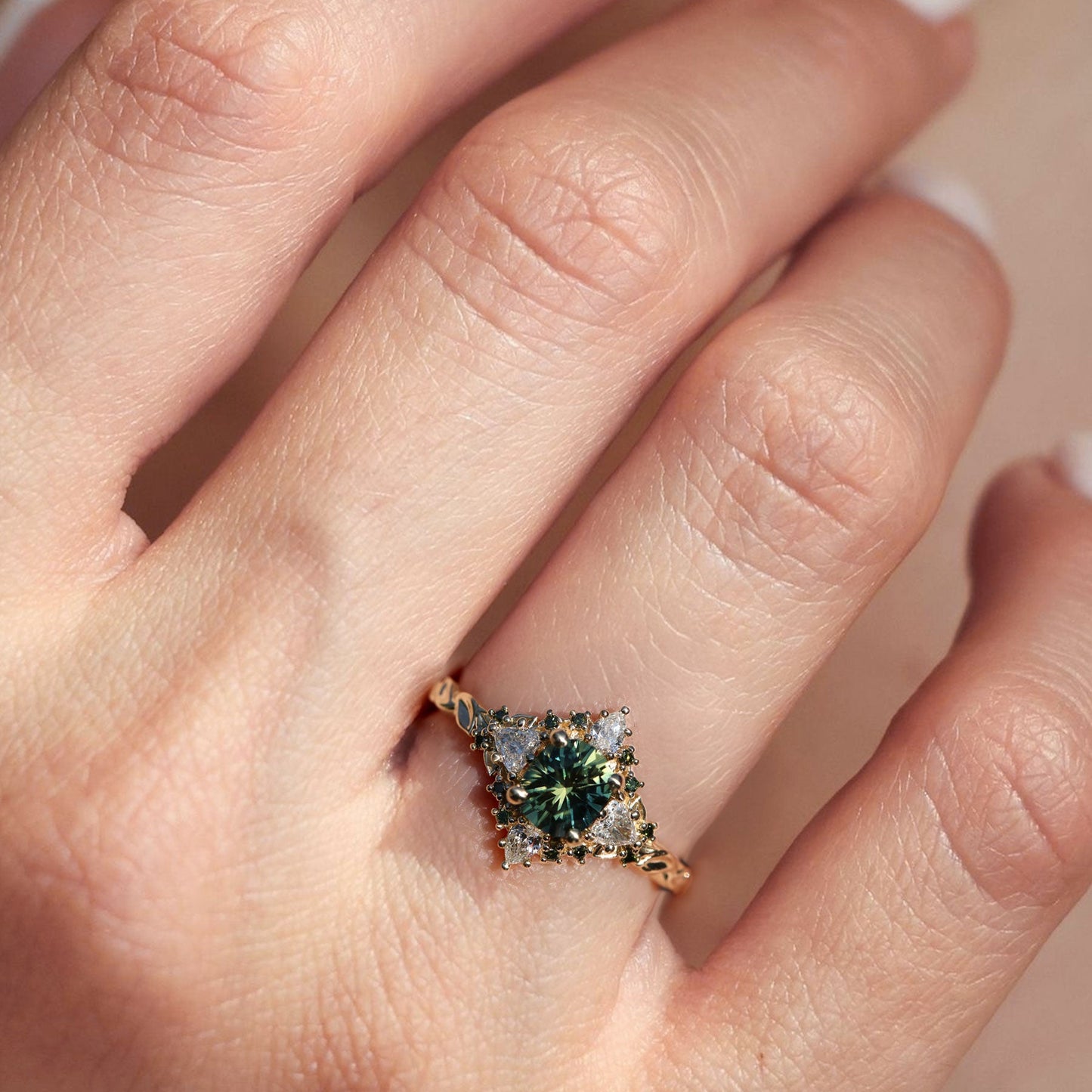 Unique floral engagement rings Enchanted Briar Round Green Lab Sapphire Ring