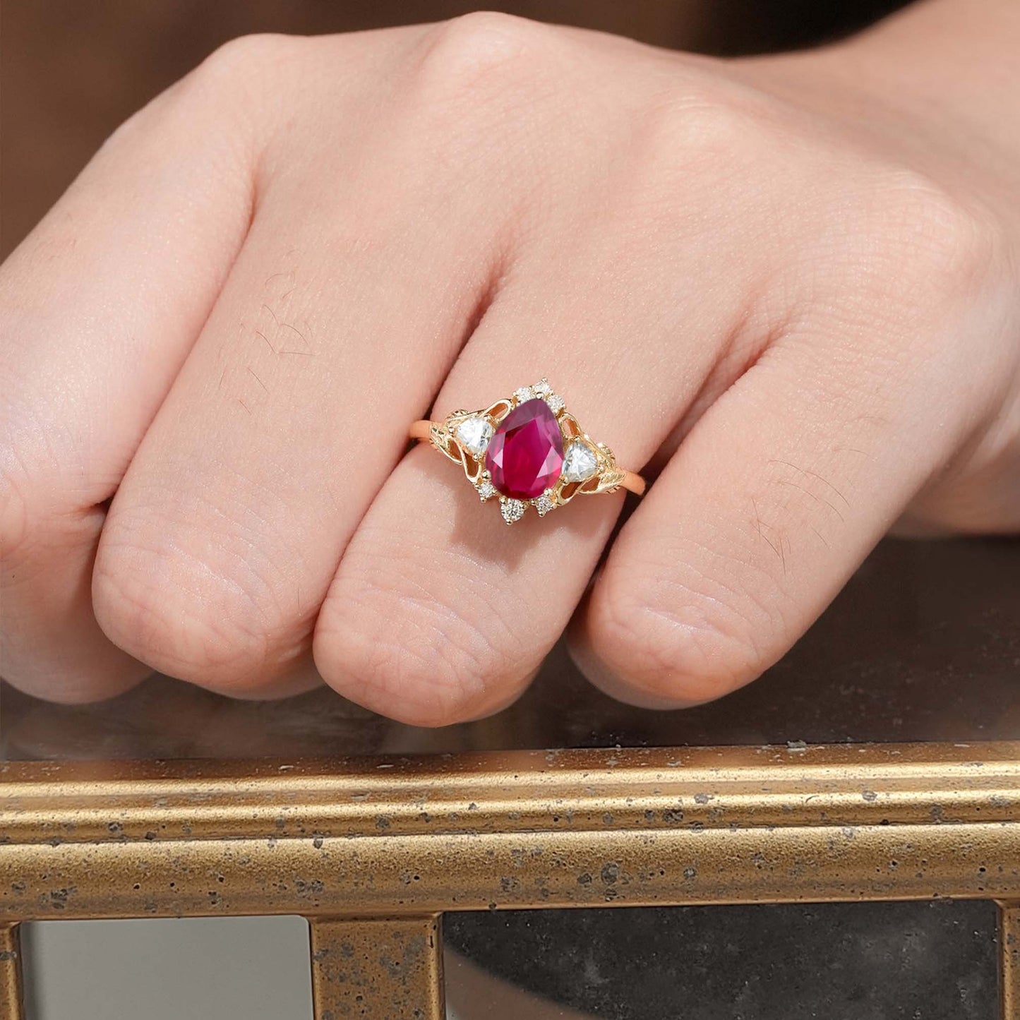 Unique Pear Lab Ruby and Moissanite side stones Leaf Ring Engagement Ring