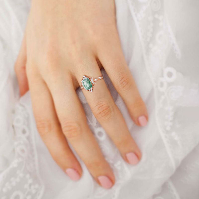Vintage Emerald cut Moss Agate Engagement Ring Whimsical Charm Bridal Ring