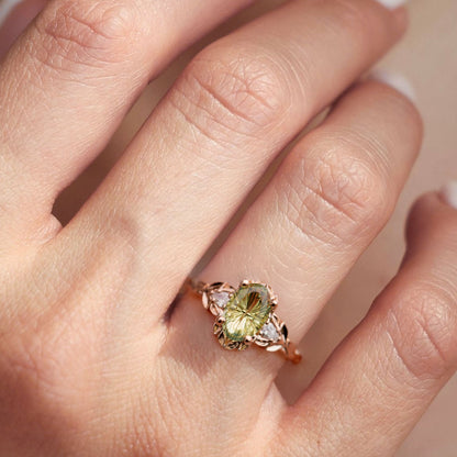 Unique Three Stone Starbrite Cut Oval Green Lab Sapphire Leafy Ring