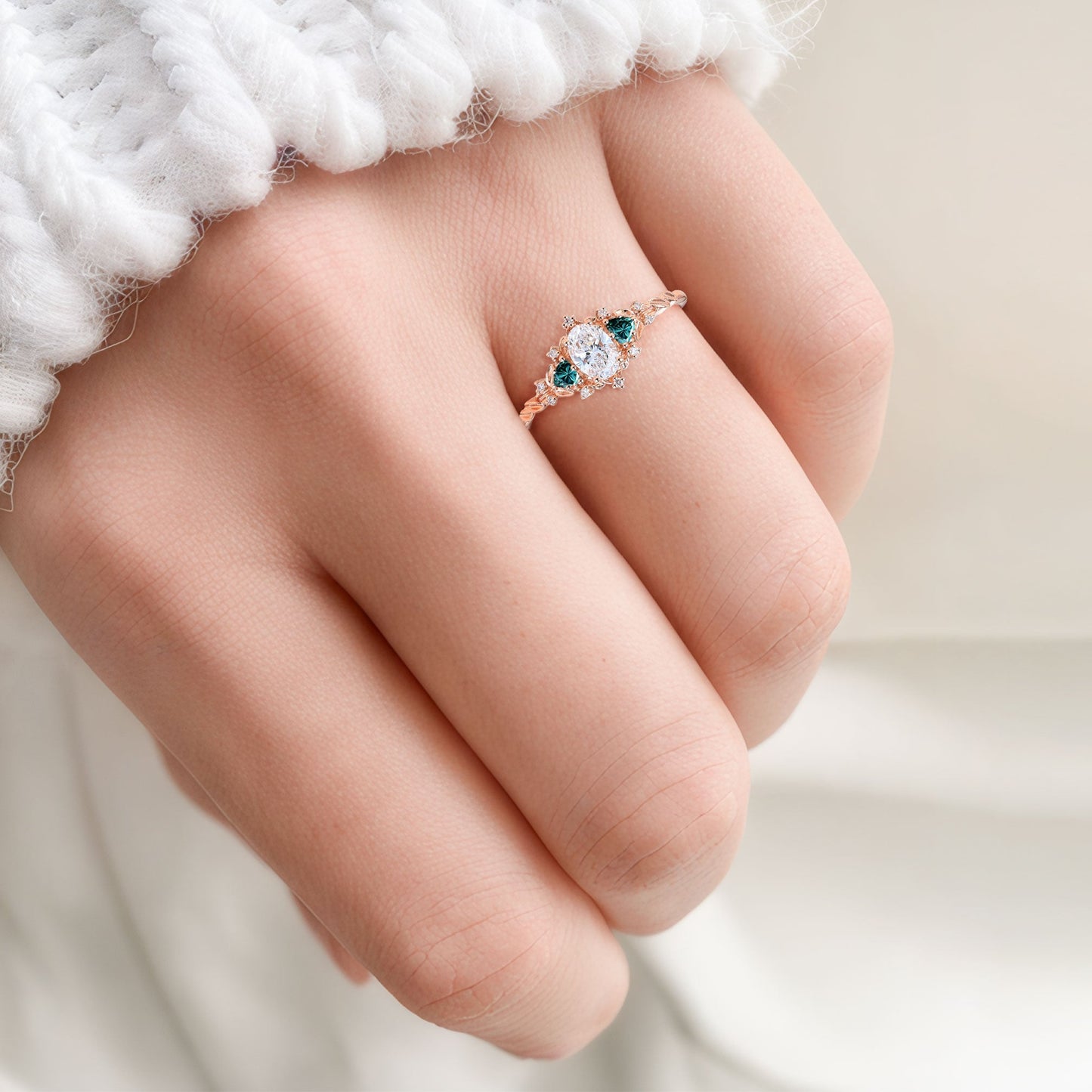 Classic Briar Rose Oval Moissanite and teal Moissanite Olive Leaves Engagement Ring