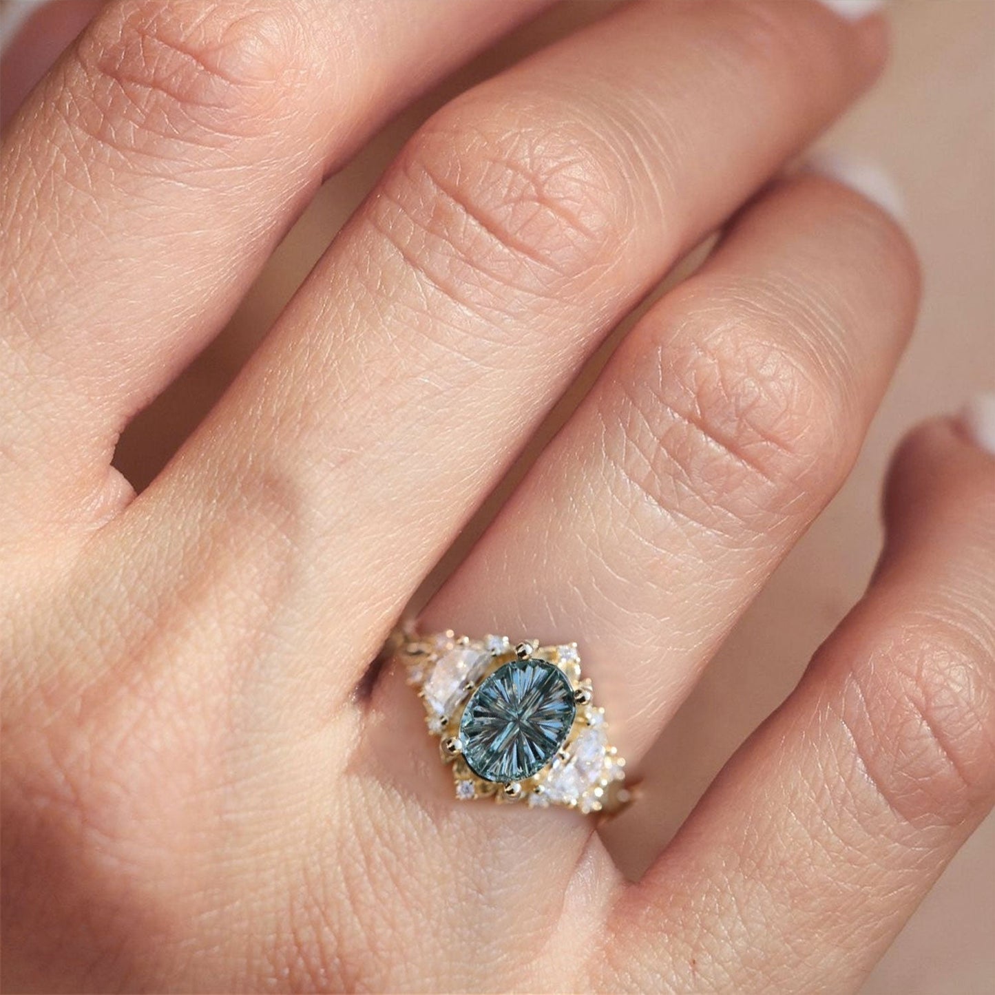 Vintage Starbrite Cut Oval lighter Green Lab Sapphire and Moissanite Ring