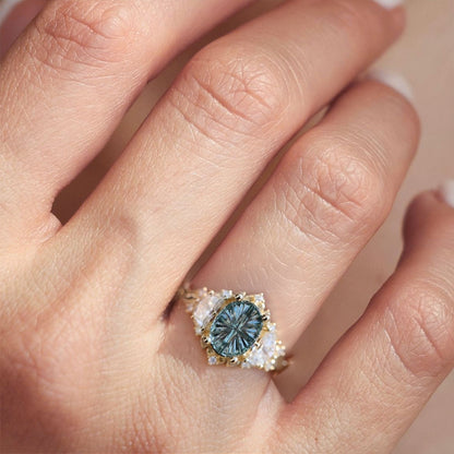 Vintage Starbrite Cut Oval lighter Green Lab Sapphire and Moissanite Ring