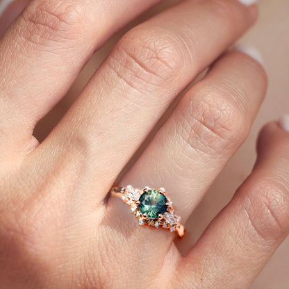 Unique Briar Rose Starbrite Cut Round Green Lab Sapphire Engagement Ring