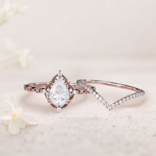Vintage Pear Forever One Moissanite Engagement Ring Bridal Ring Set