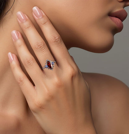 Unique Aurora Three Stone Marquise Garnet and Color Moissanite Anniversary Ring