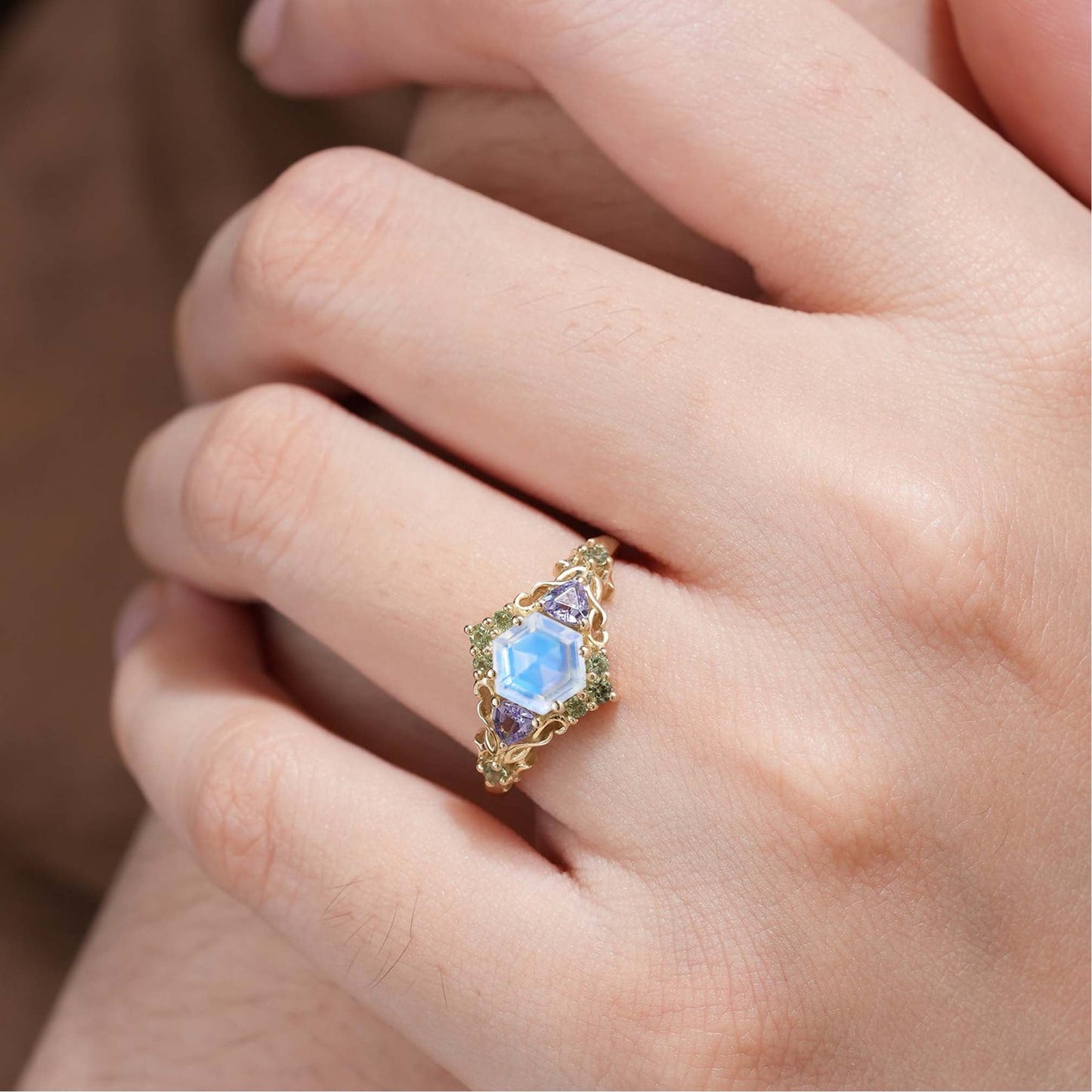 Unique floral engagement rings Three Stone Hexagon Lab Moonstone and Blue sapphire Leaf Ring