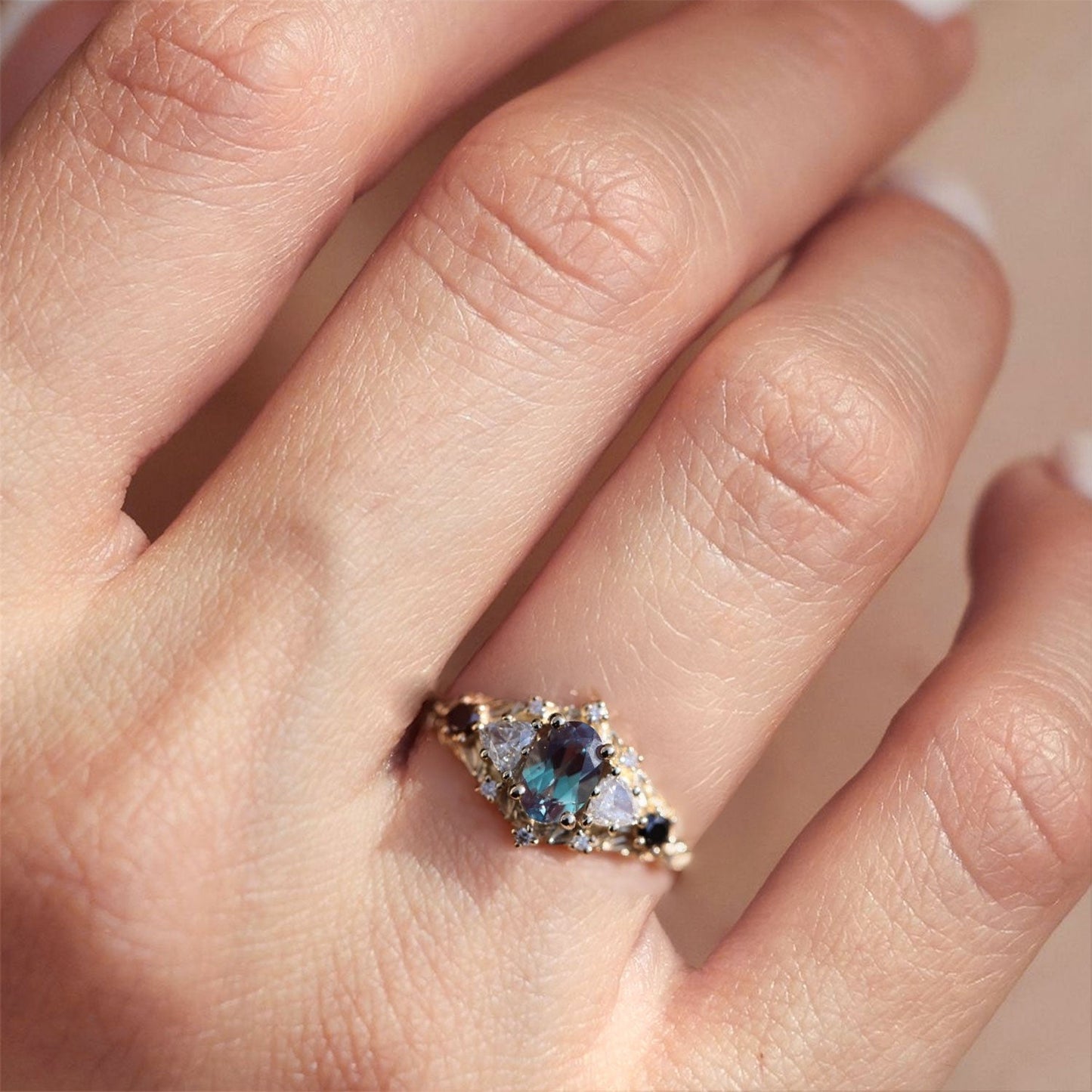 Unique Briar Rose Five Stone Oval Lab Alexandrite Ring