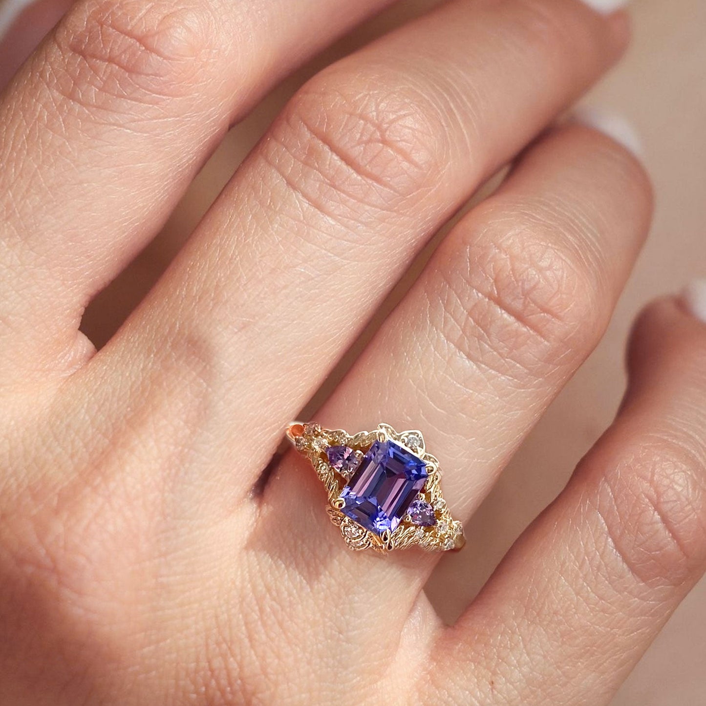 Vintage Emerald Cut Lab Tanzanite Engagement Ring Flower Wedding Ring