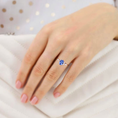 Vintage Oval Lab Sapphire and Moissanite Engagement Ring