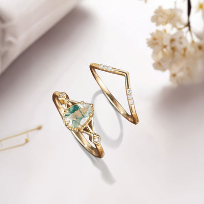 Unique Pear Moss Agate Bridal Ring Set