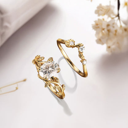 Unique Oval Moissanite Wedding Ring Set With Leaf Band